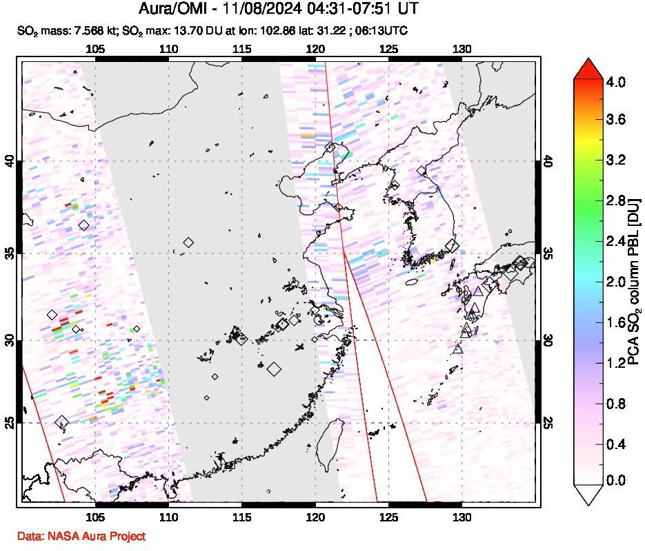 A sulfur dioxide image over Eastern China on Nov 08, 2024.