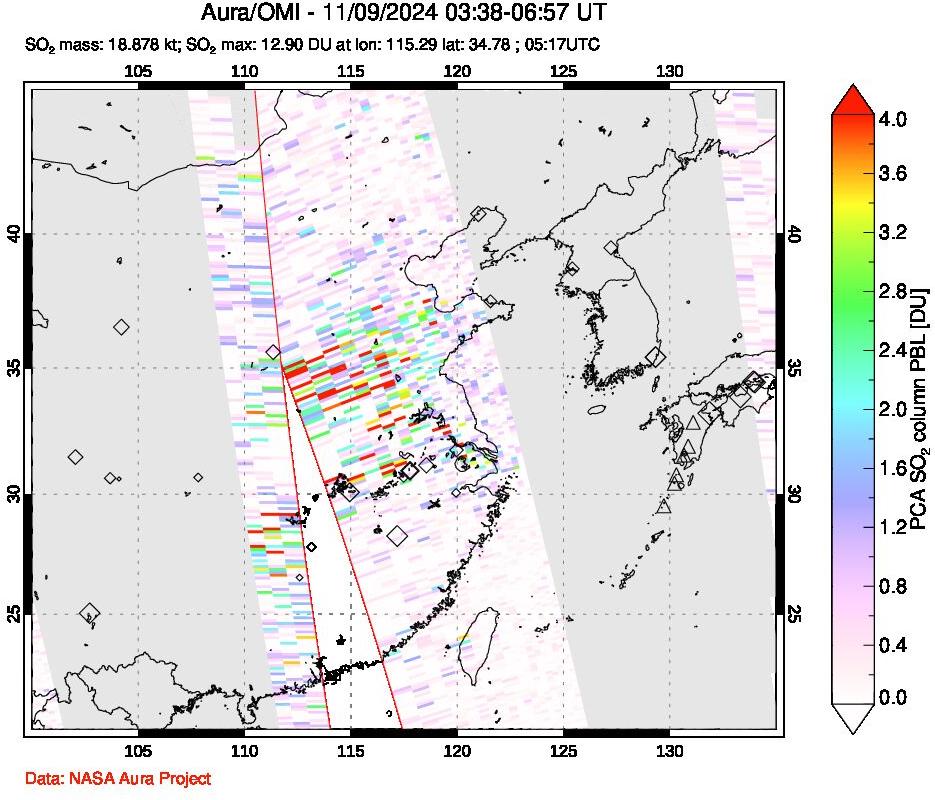 A sulfur dioxide image over Eastern China on Nov 09, 2024.