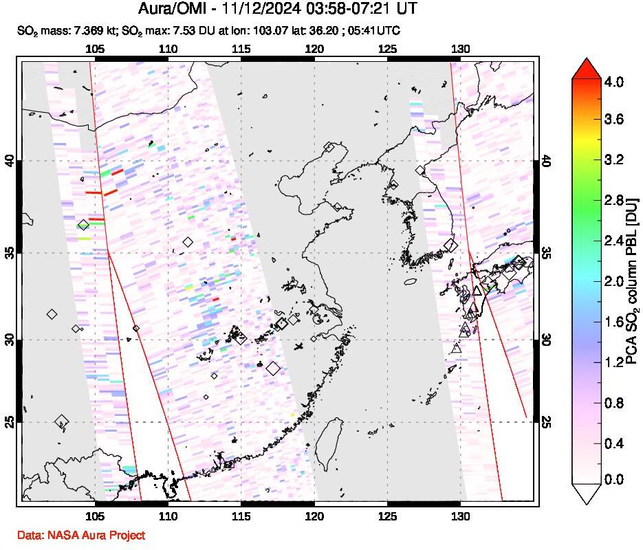 A sulfur dioxide image over Eastern China on Nov 12, 2024.