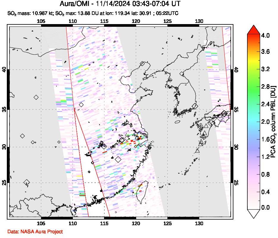 A sulfur dioxide image over Eastern China on Nov 14, 2024.