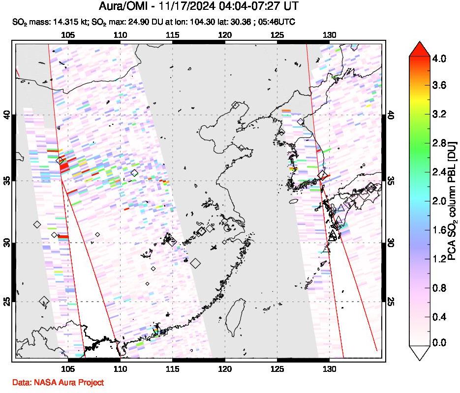 A sulfur dioxide image over Eastern China on Nov 17, 2024.