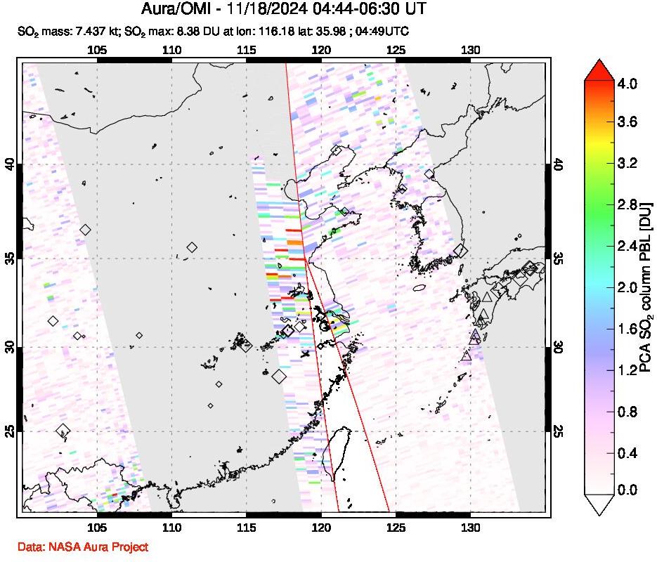 A sulfur dioxide image over Eastern China on Nov 18, 2024.