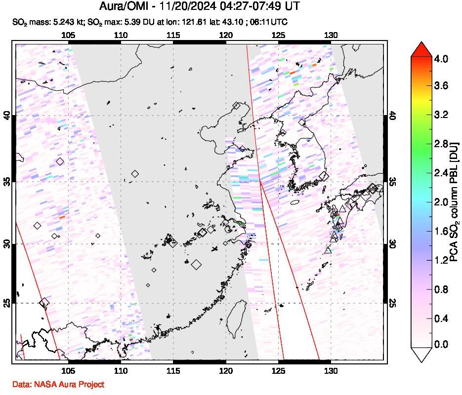 A sulfur dioxide image over Eastern China on Nov 20, 2024.