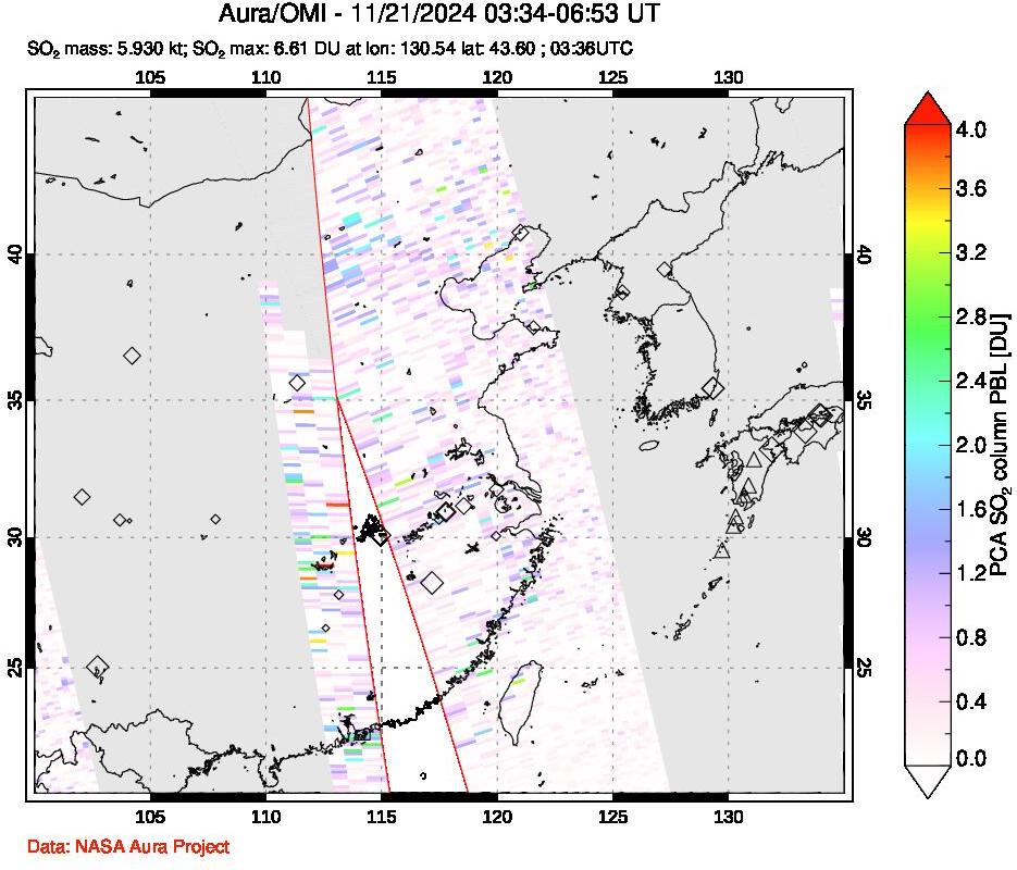 A sulfur dioxide image over Eastern China on Nov 21, 2024.