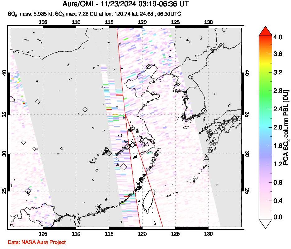 A sulfur dioxide image over Eastern China on Nov 23, 2024.