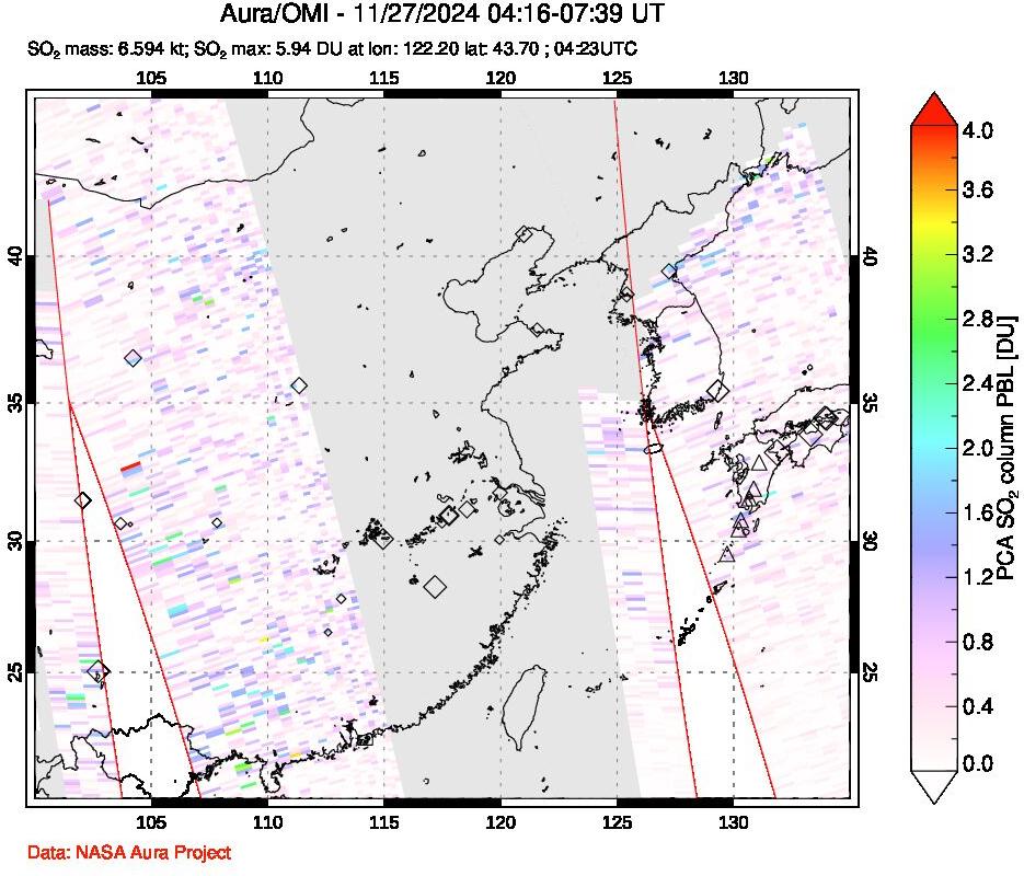 A sulfur dioxide image over Eastern China on Nov 27, 2024.