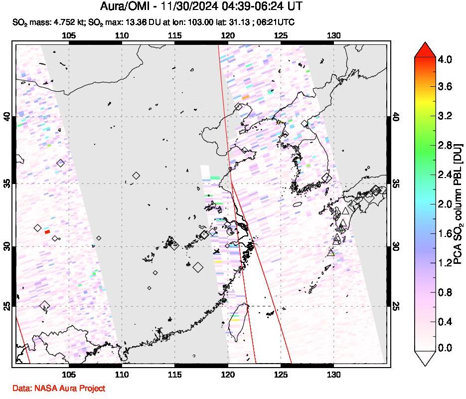 A sulfur dioxide image over Eastern China on Nov 30, 2024.