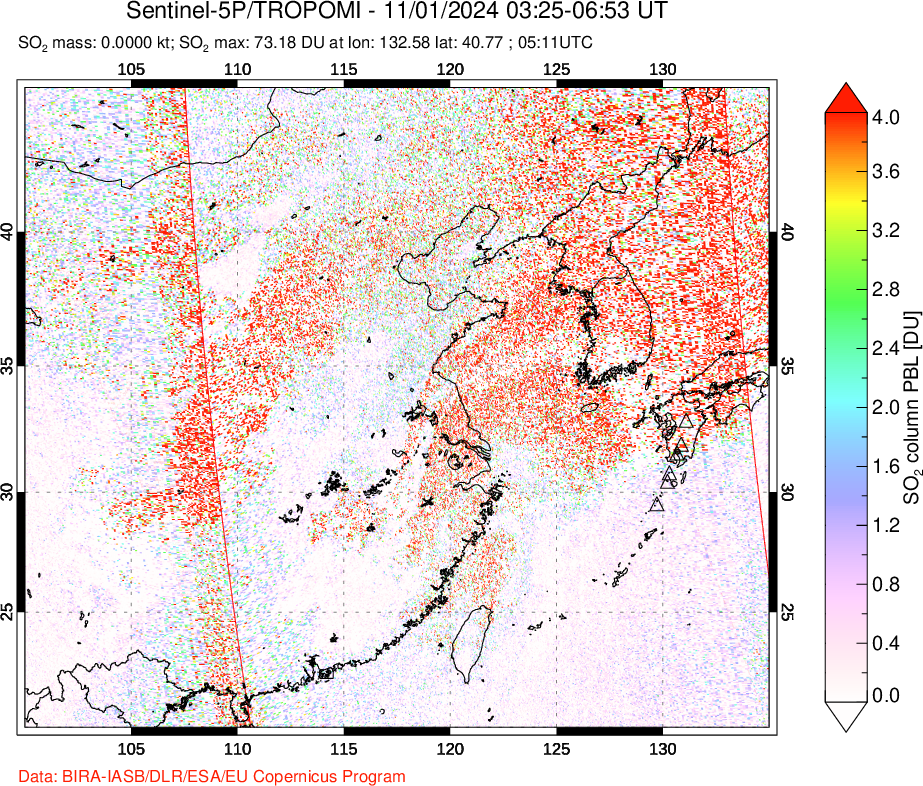 A sulfur dioxide image over Eastern China on Nov 01, 2024.