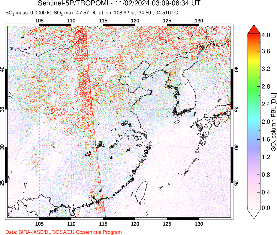 A sulfur dioxide image over Eastern China on Nov 02, 2024.