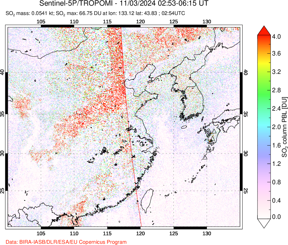 A sulfur dioxide image over Eastern China on Nov 03, 2024.