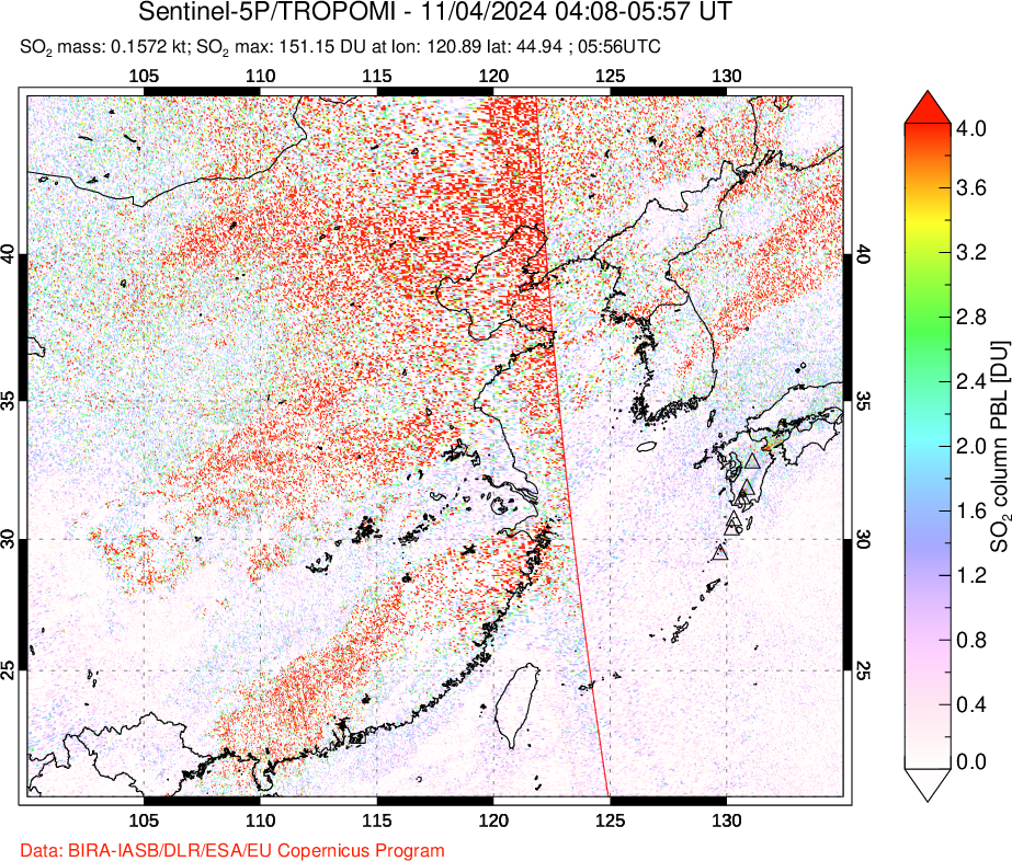 A sulfur dioxide image over Eastern China on Nov 04, 2024.