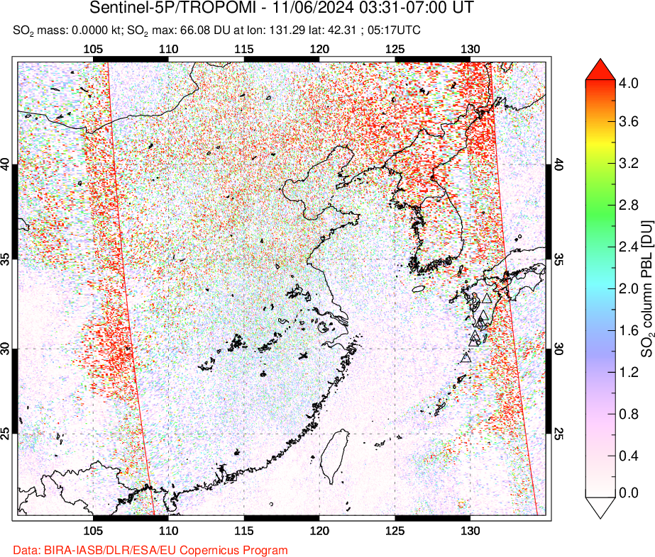 A sulfur dioxide image over Eastern China on Nov 06, 2024.