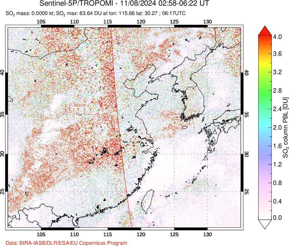 A sulfur dioxide image over Eastern China on Nov 08, 2024.