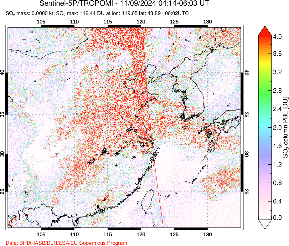 A sulfur dioxide image over Eastern China on Nov 09, 2024.