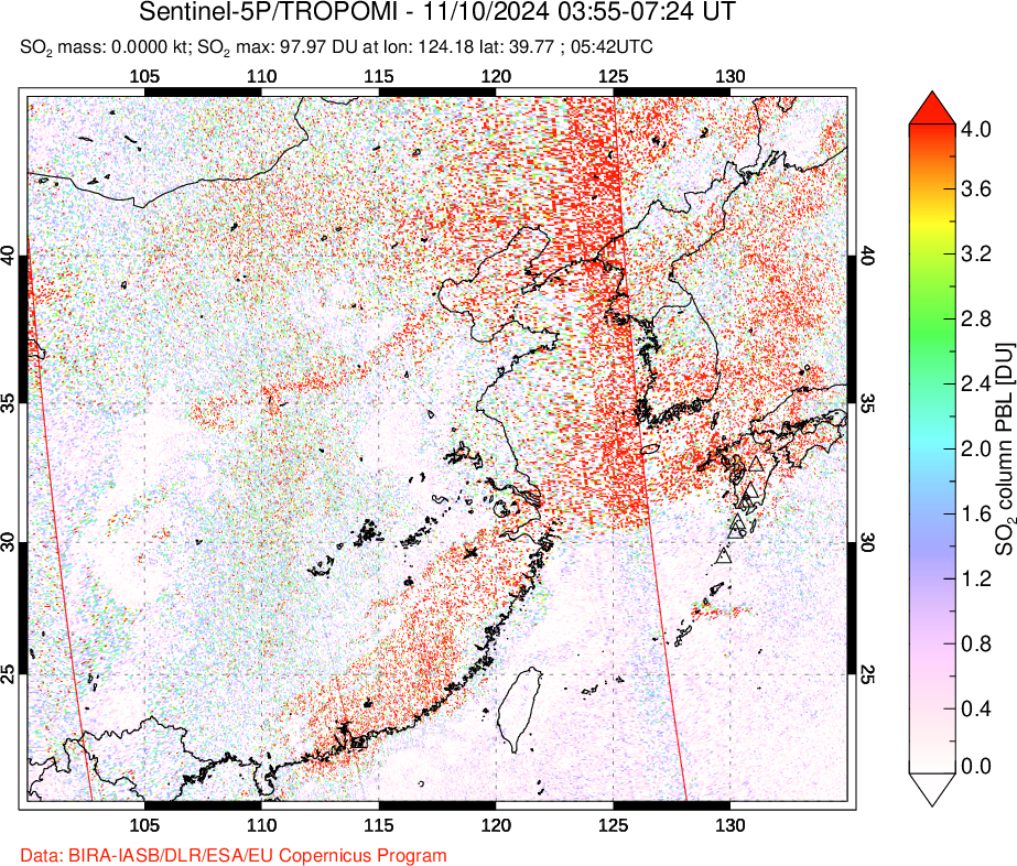 A sulfur dioxide image over Eastern China on Nov 10, 2024.