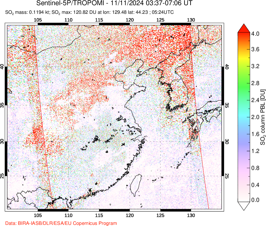 A sulfur dioxide image over Eastern China on Nov 11, 2024.