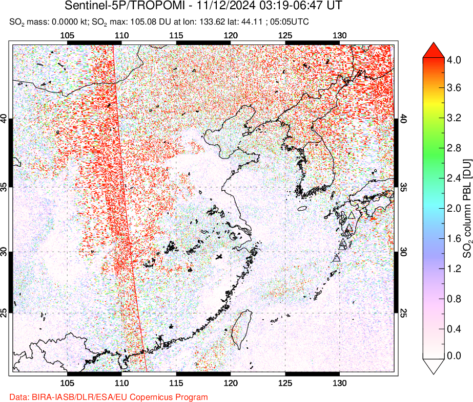 A sulfur dioxide image over Eastern China on Nov 12, 2024.