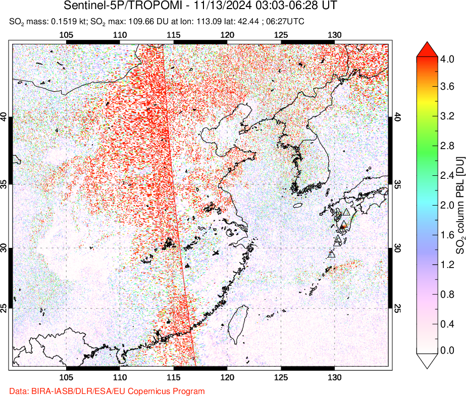 A sulfur dioxide image over Eastern China on Nov 13, 2024.