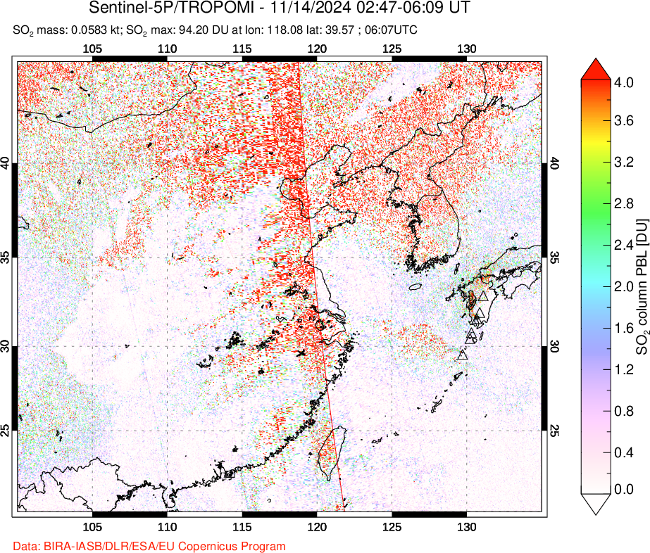 A sulfur dioxide image over Eastern China on Nov 14, 2024.