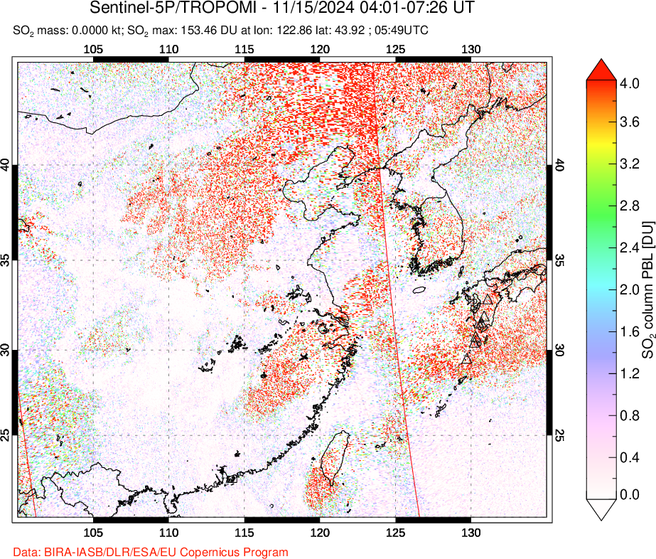 A sulfur dioxide image over Eastern China on Nov 15, 2024.