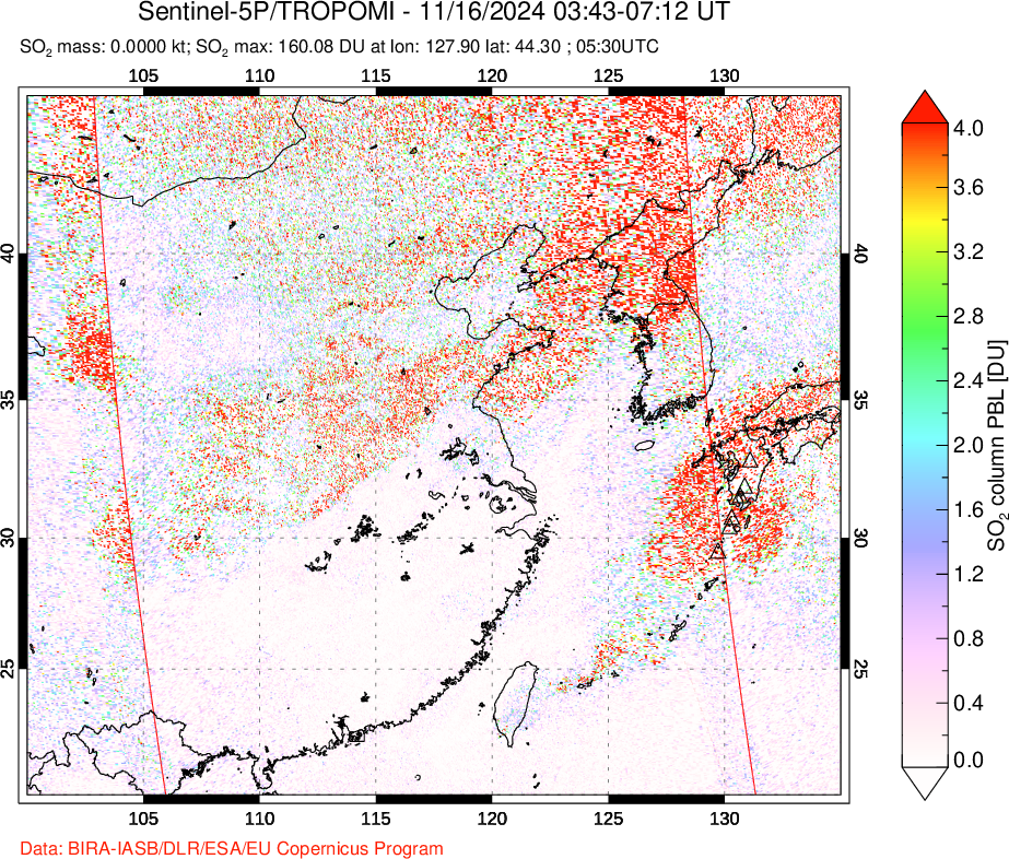 A sulfur dioxide image over Eastern China on Nov 16, 2024.