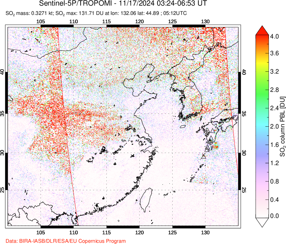 A sulfur dioxide image over Eastern China on Nov 17, 2024.