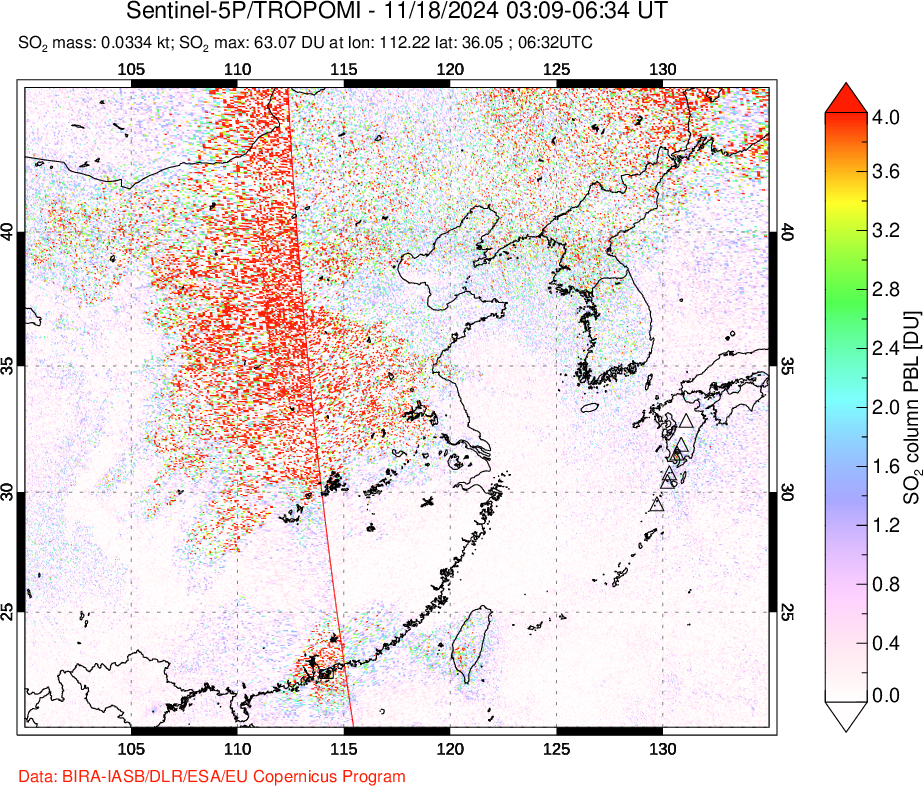 A sulfur dioxide image over Eastern China on Nov 18, 2024.