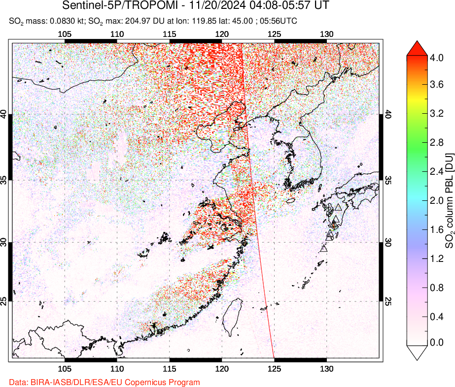 A sulfur dioxide image over Eastern China on Nov 20, 2024.