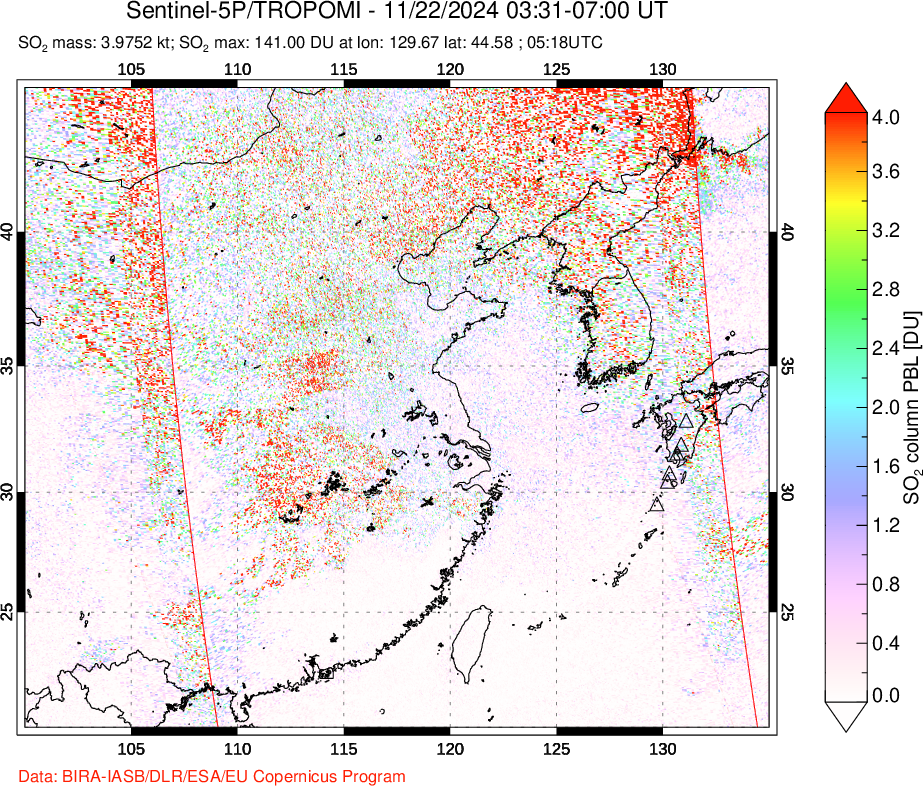 A sulfur dioxide image over Eastern China on Nov 22, 2024.