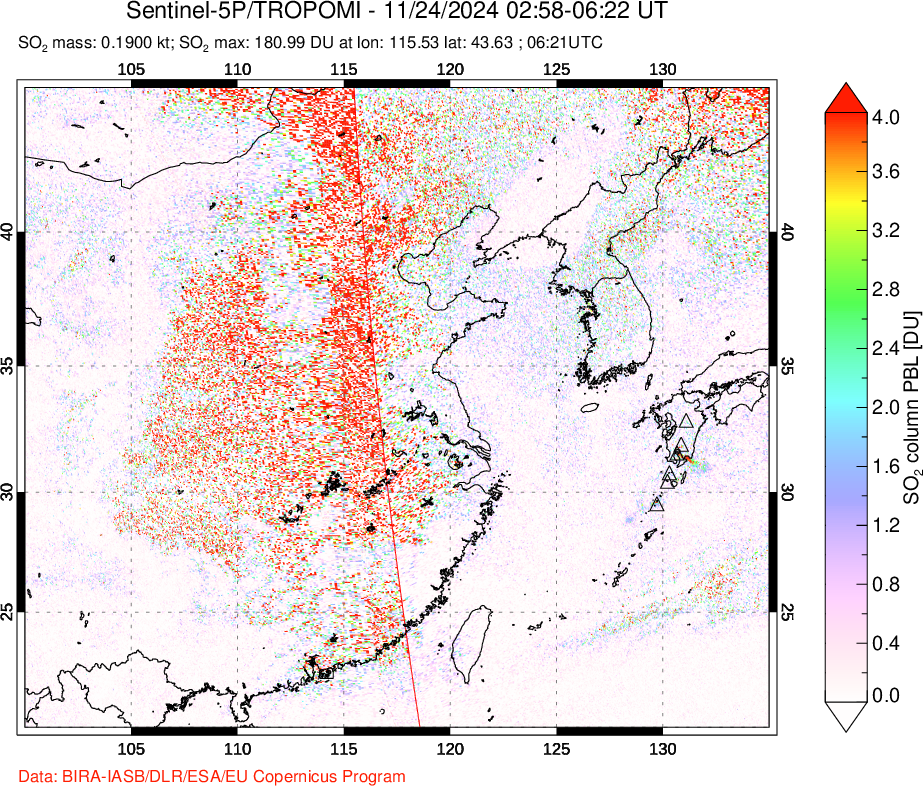 A sulfur dioxide image over Eastern China on Nov 24, 2024.