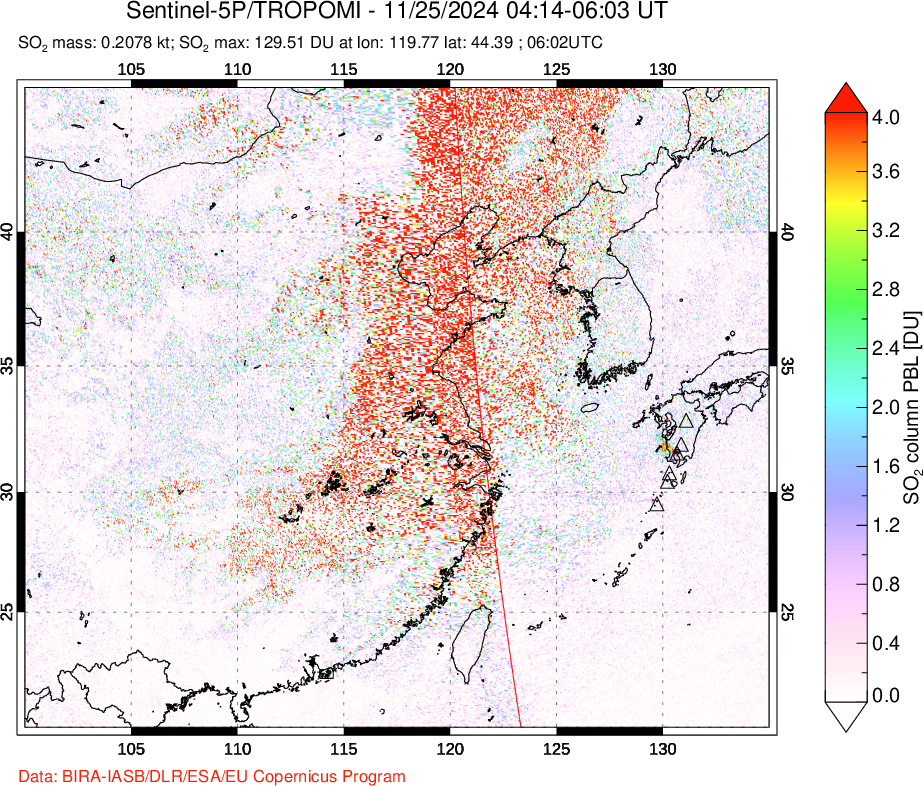 A sulfur dioxide image over Eastern China on Nov 25, 2024.