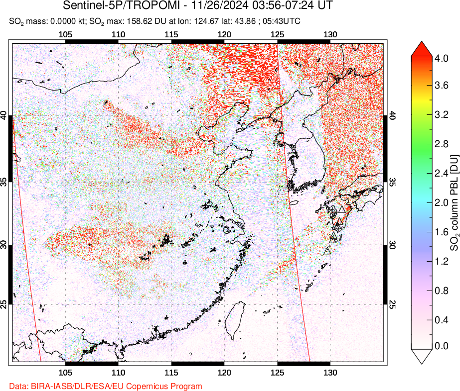 A sulfur dioxide image over Eastern China on Nov 26, 2024.