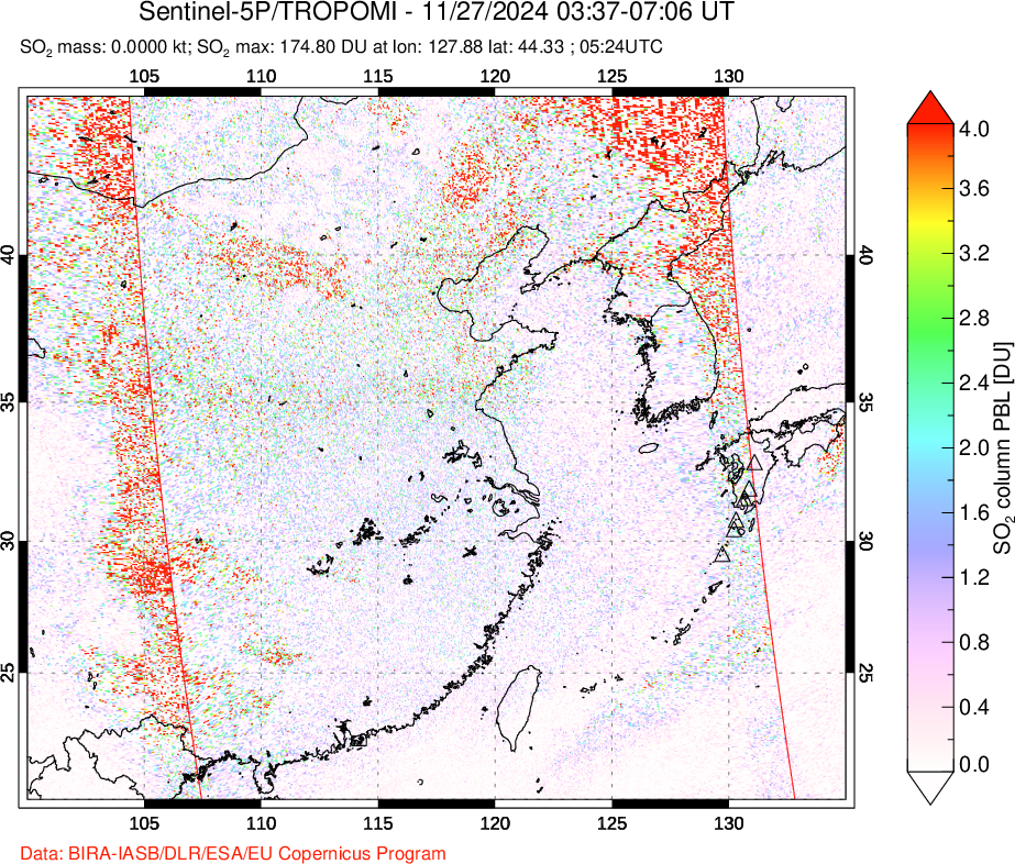 A sulfur dioxide image over Eastern China on Nov 27, 2024.