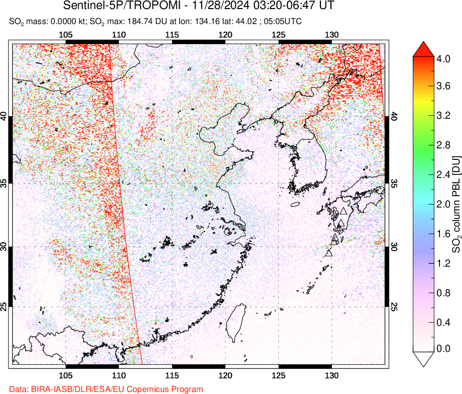 A sulfur dioxide image over Eastern China on Nov 28, 2024.