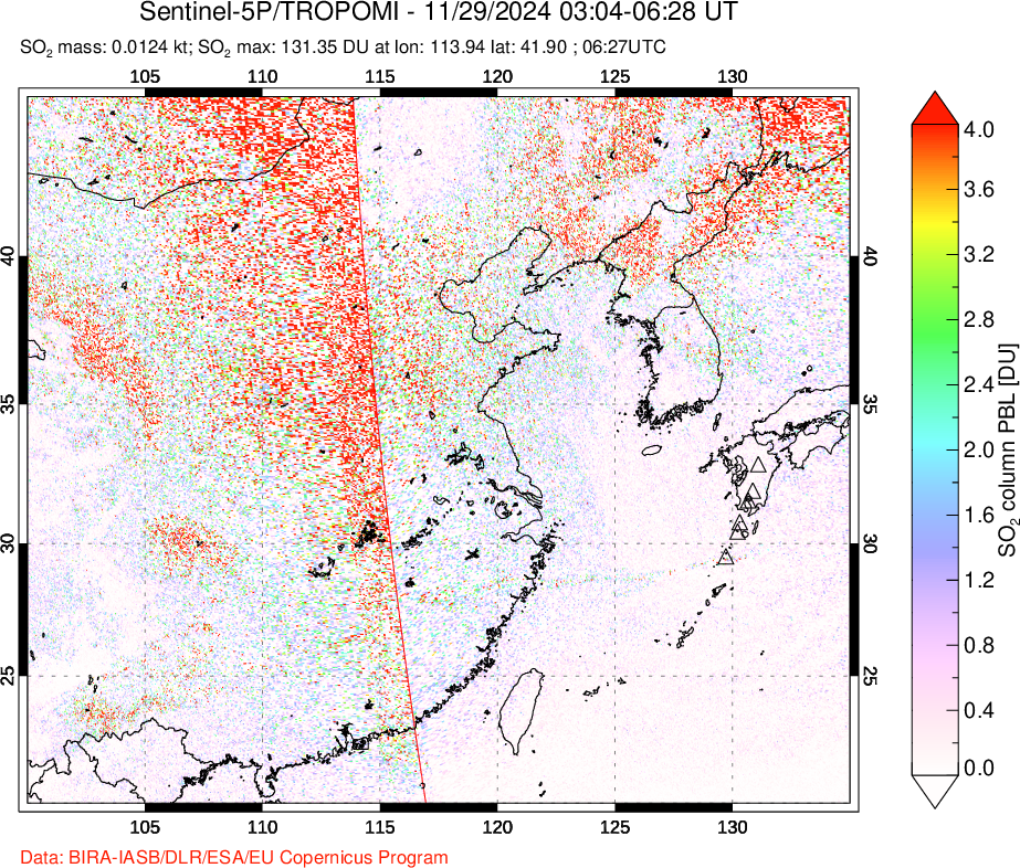 A sulfur dioxide image over Eastern China on Nov 29, 2024.