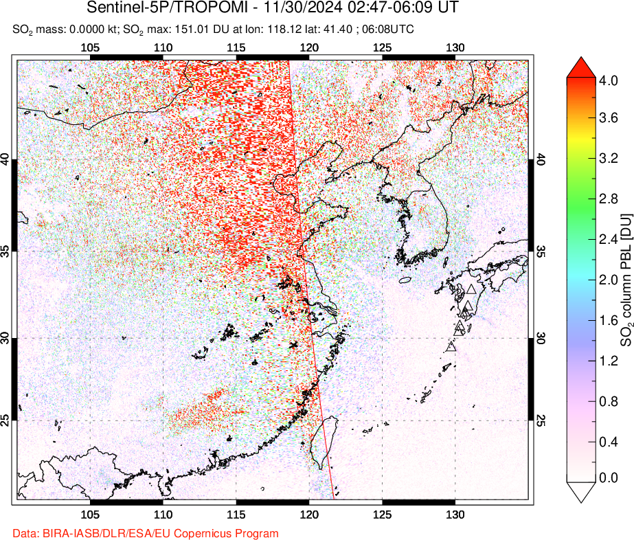 A sulfur dioxide image over Eastern China on Nov 30, 2024.