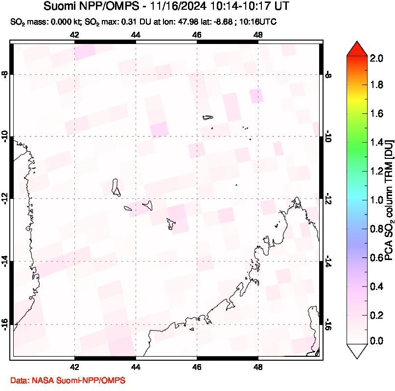 A sulfur dioxide image over Comoro Islands on Nov 16, 2024.