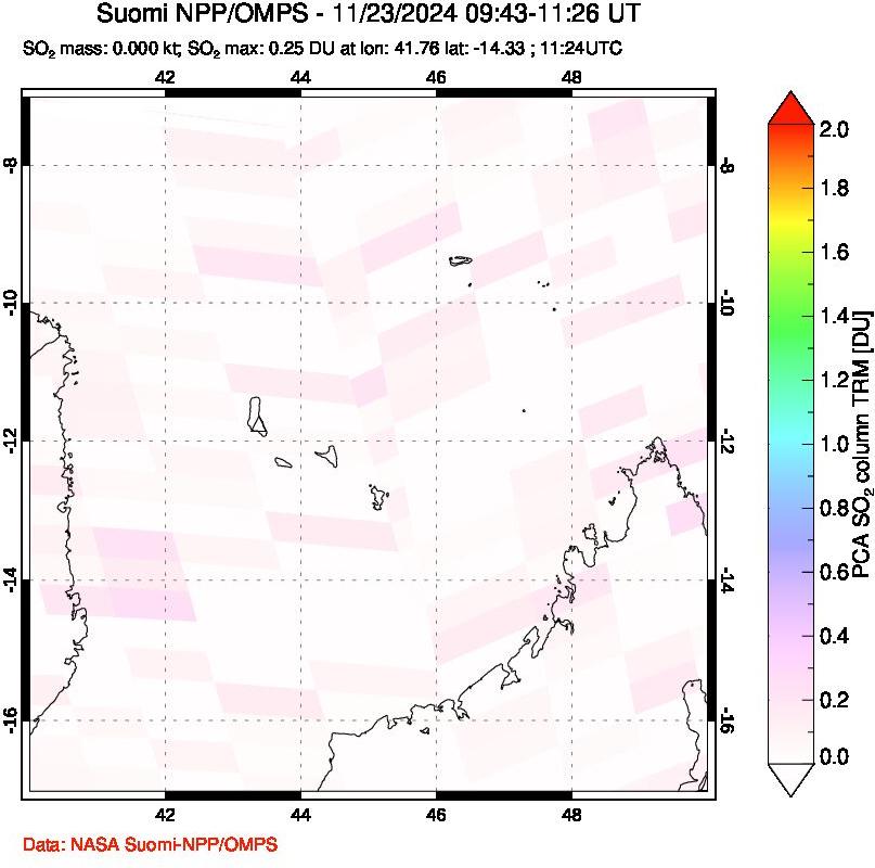 A sulfur dioxide image over Comoro Islands on Nov 23, 2024.