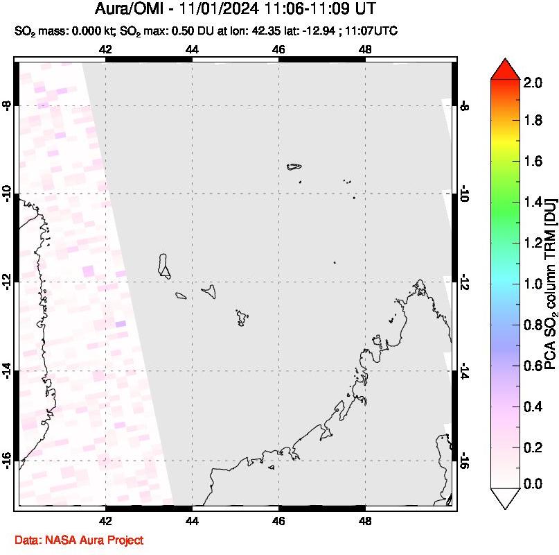 A sulfur dioxide image over Comoro Islands on Nov 01, 2024.