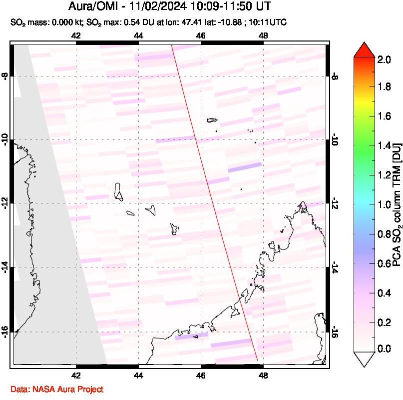 A sulfur dioxide image over Comoro Islands on Nov 02, 2024.