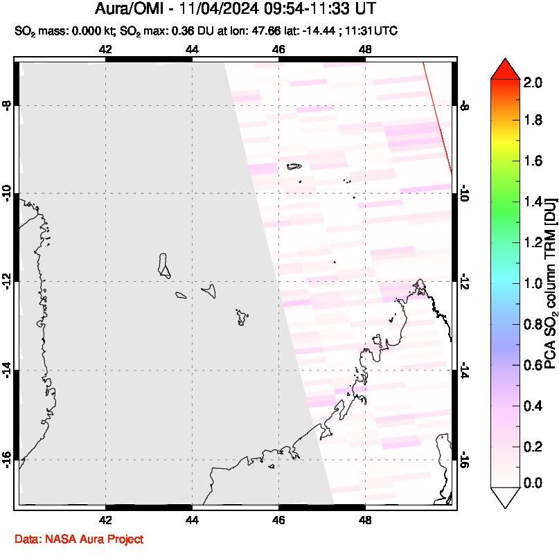 A sulfur dioxide image over Comoro Islands on Nov 04, 2024.