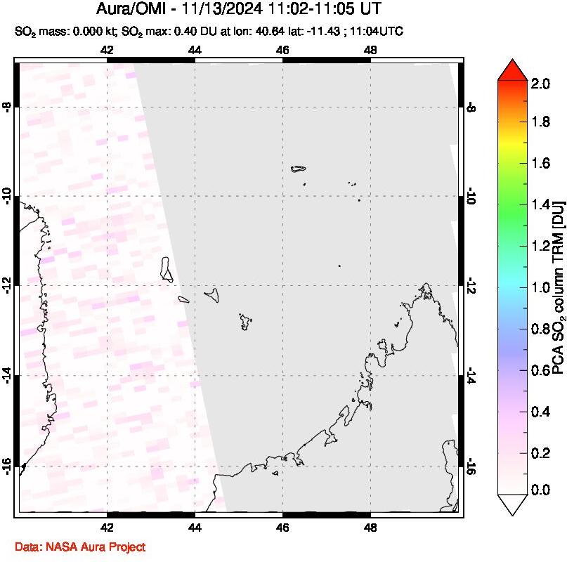 A sulfur dioxide image over Comoro Islands on Nov 13, 2024.