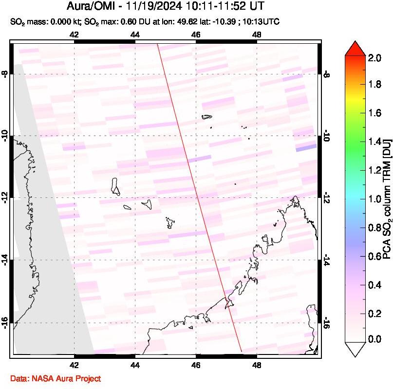 A sulfur dioxide image over Comoro Islands on Nov 19, 2024.