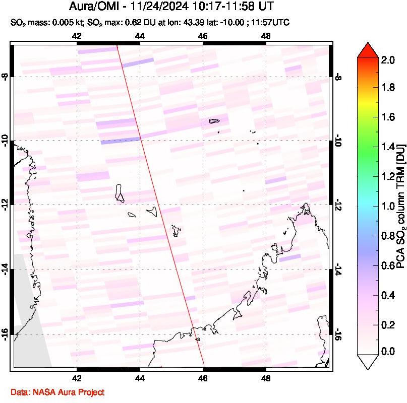 A sulfur dioxide image over Comoro Islands on Nov 24, 2024.