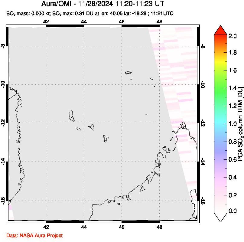 A sulfur dioxide image over Comoro Islands on Nov 28, 2024.