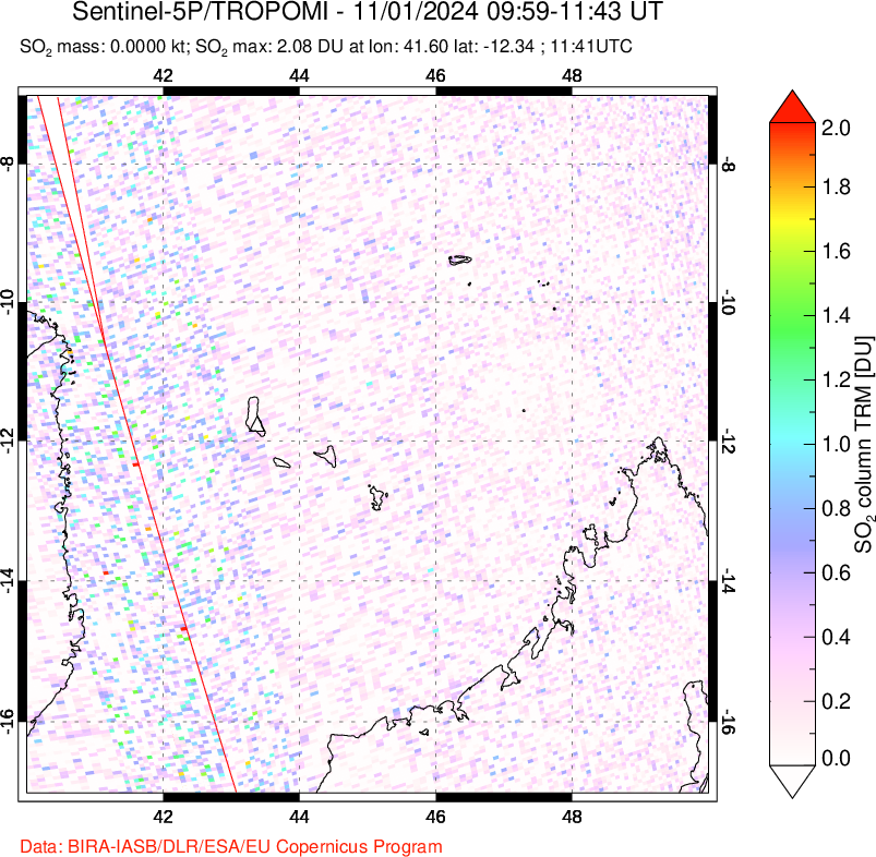 A sulfur dioxide image over Comoro Islands on Nov 01, 2024.