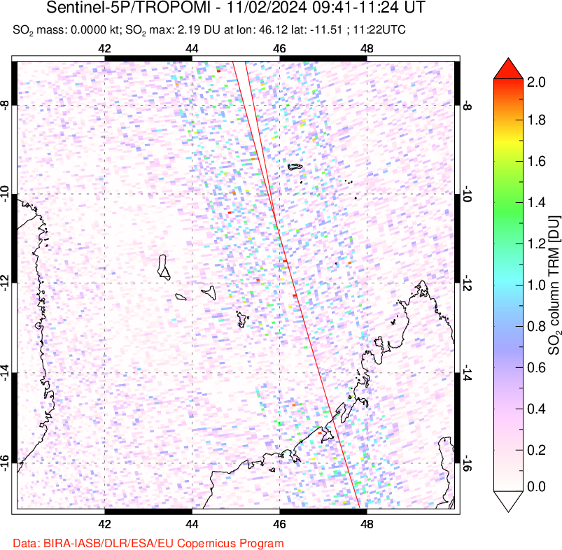 A sulfur dioxide image over Comoro Islands on Nov 02, 2024.