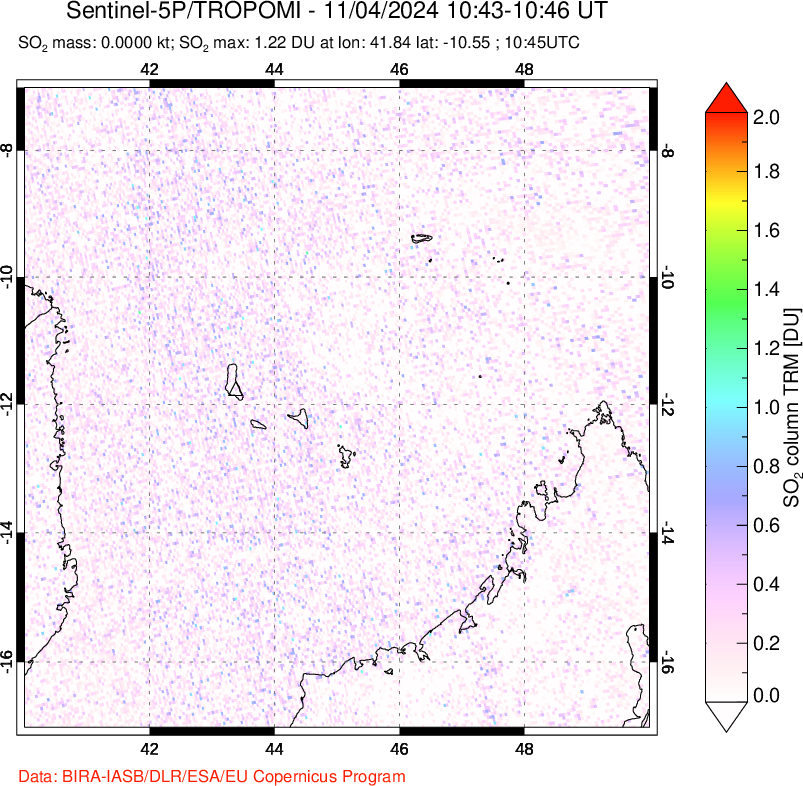 A sulfur dioxide image over Comoro Islands on Nov 04, 2024.