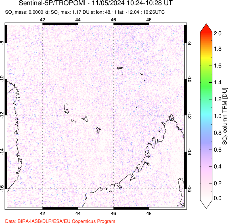 A sulfur dioxide image over Comoro Islands on Nov 05, 2024.