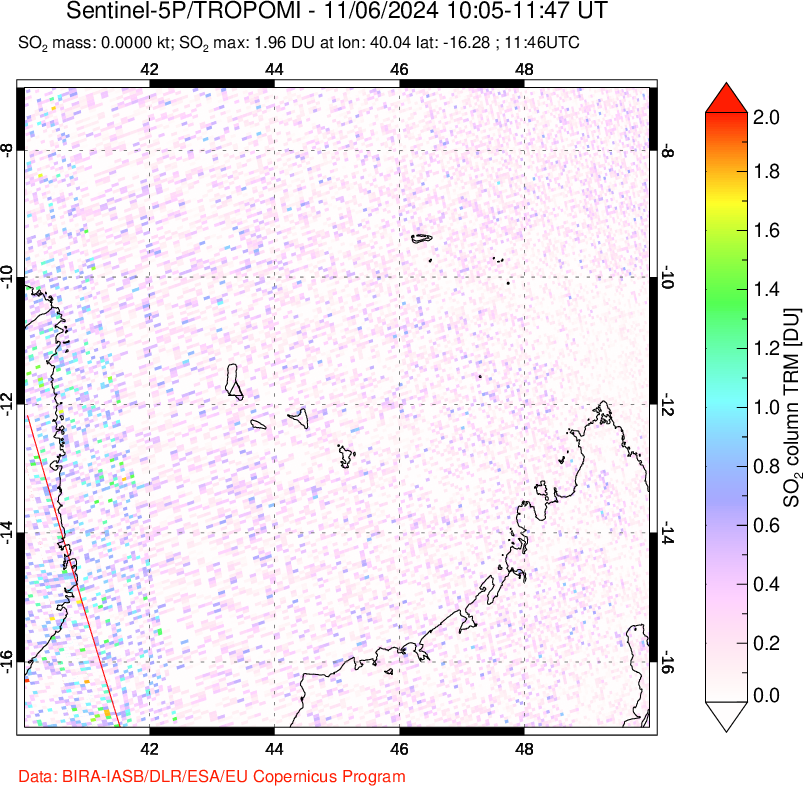 A sulfur dioxide image over Comoro Islands on Nov 06, 2024.